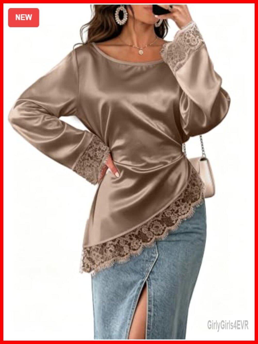 Satin Lace Blouse Long Sleeve Asymmetrical Top with Belt